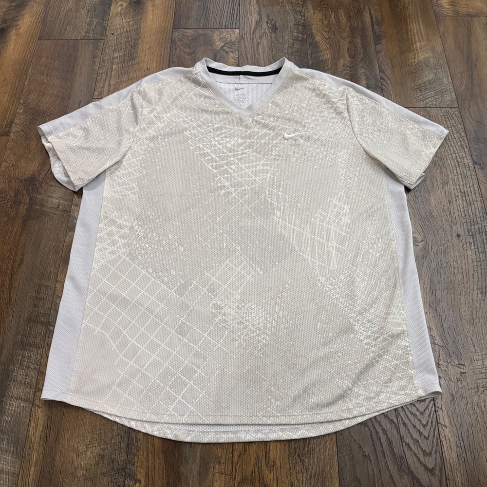 Nike Dri-FIT Mens XL Grey Beige Abstract Grid Pattern V-Neck Athletic‎ T-Shirt